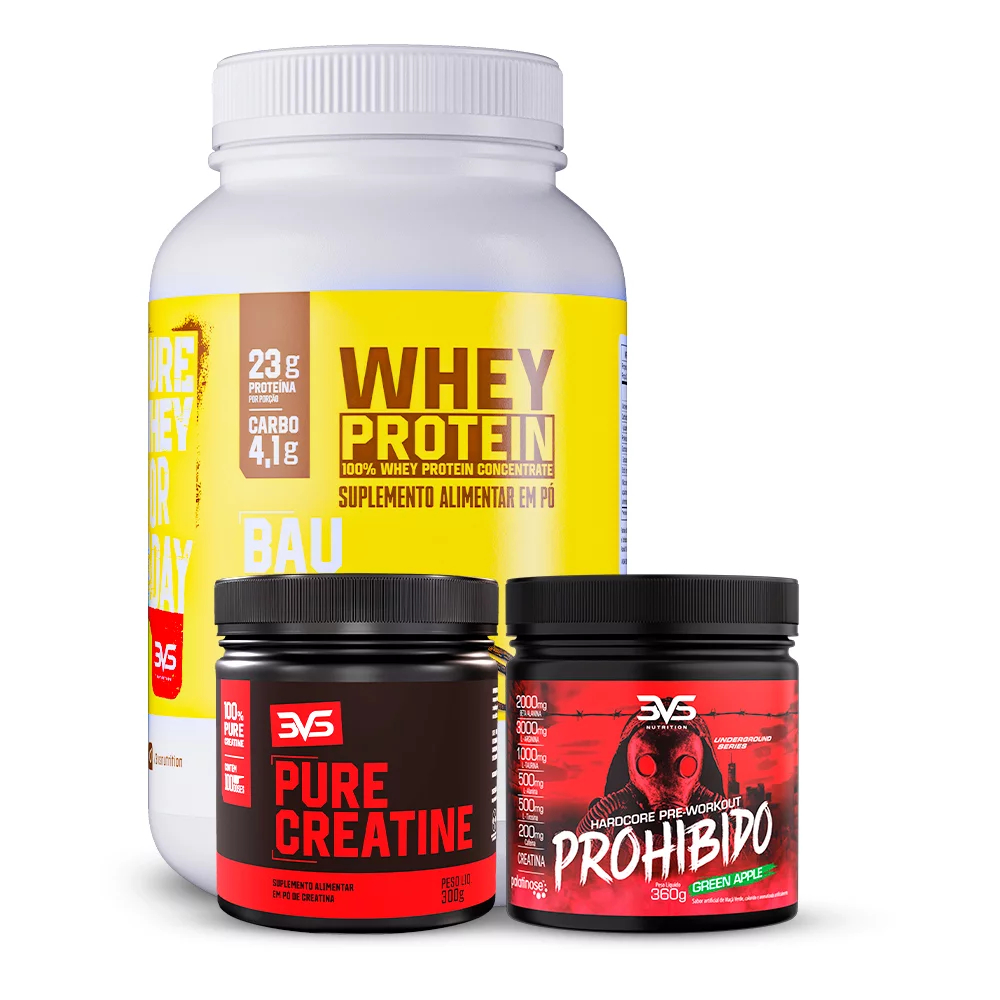 Combo Whey Protein 900g Creatina 100% Pura 300g Pré Treino Prohibido — Suplementos