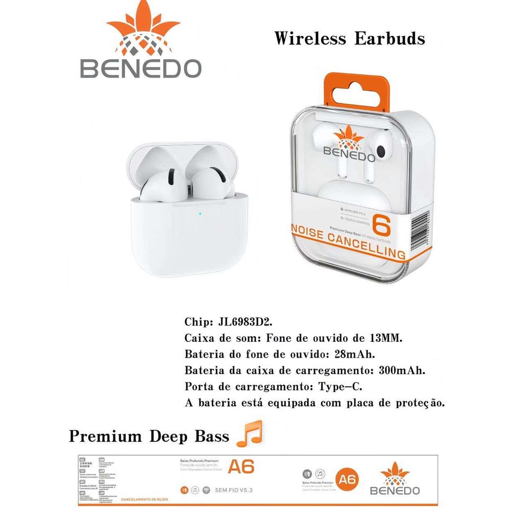 Fone De Ouvido Benedo A6 Graves altos sem borracha Bluetooth 5.3 — Áudio e Fones