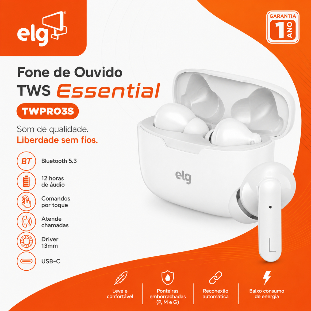 Fone de Ouvido Bluetooth Tws Elg TWPRO3S Sem Fio Bluetooth 5.3 Até — Áudio e Fones