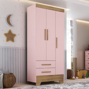 Guarda Roupa Infantil 3 Portas 2 Gavetas Rosa Natural Tic Tac — Moda Infantil
