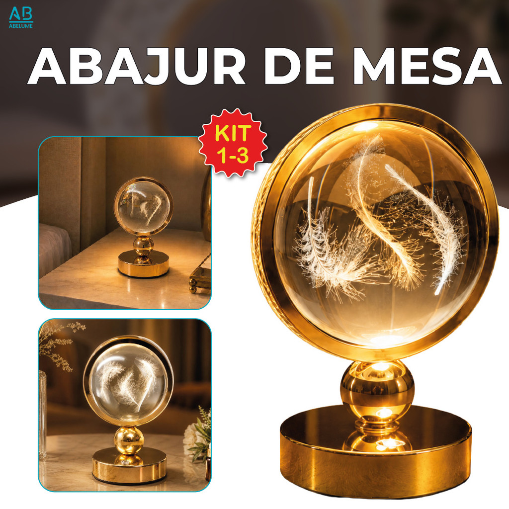 Kit 1 2 3 Luminária Abajur de Mesa Orbe Dourada com base Carregador — Celulares e Acessórios