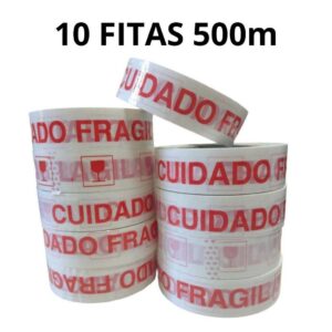 Kit 10 Fita Adesiva Cuidado Fragil 500m Larga Para Embalar Importada