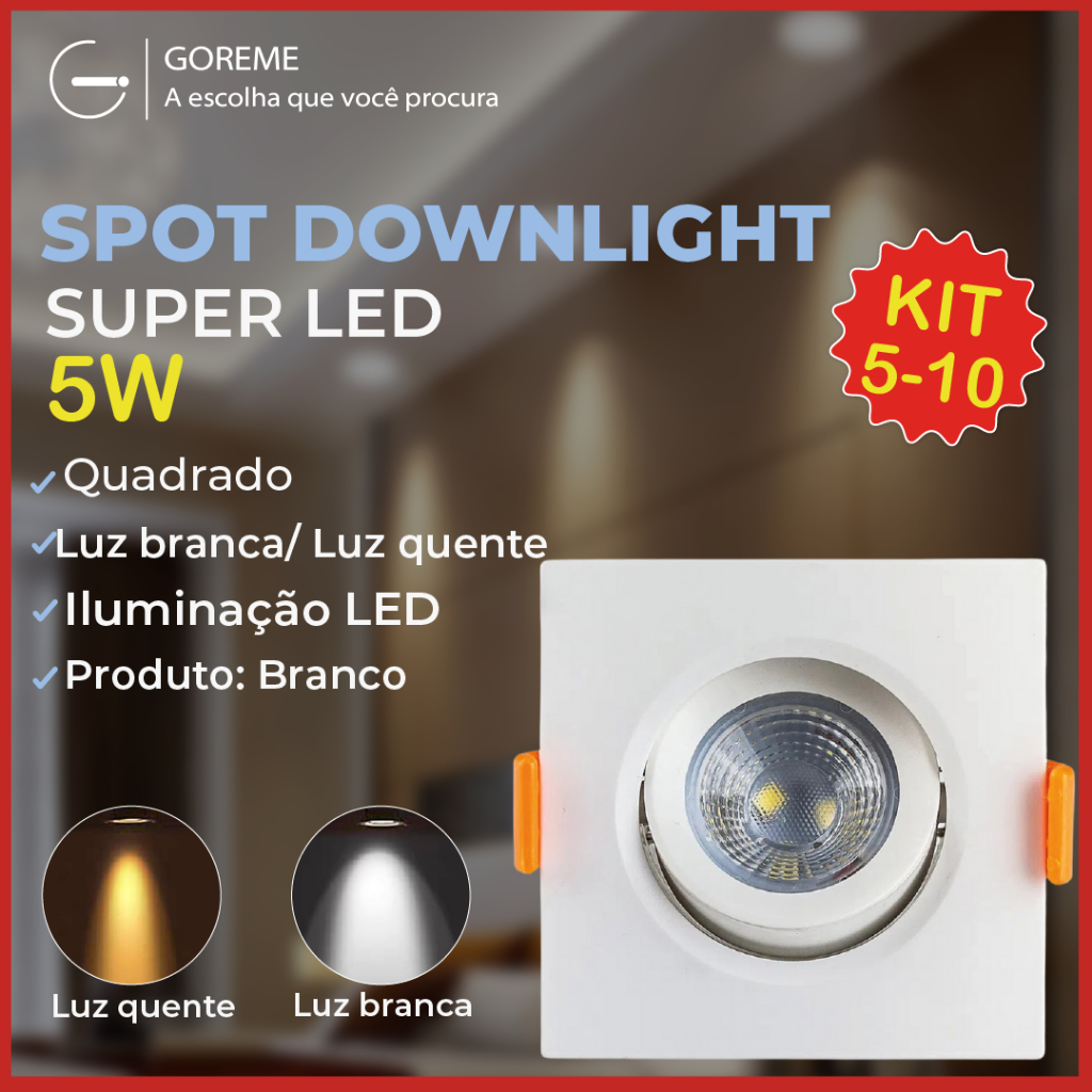 Kit 10 Luminária Spot Led Quadrado Direcionável 5W Embutir Gesso Teto