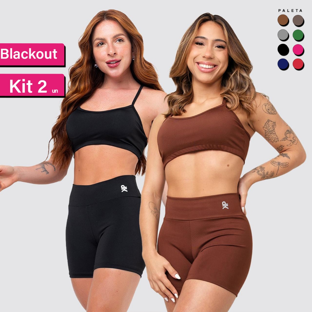 Kit 2 Conjunto Fitness Top Alça Short Legging Liso Meia Coxa Blackout