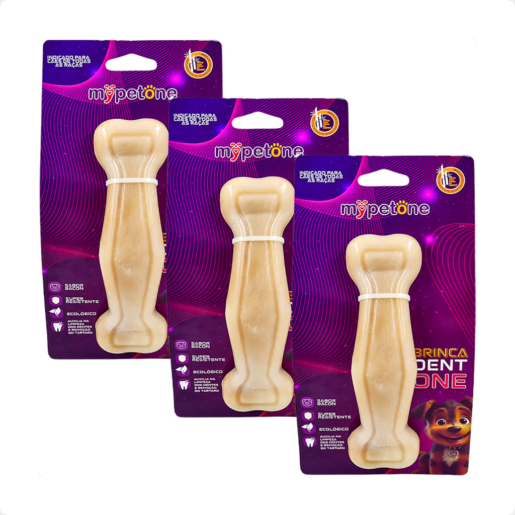 Kit 3 Brinquedo Osso Bamboo Brinca Dent One Sabor Bacon I Grande — Games e Brinquedos