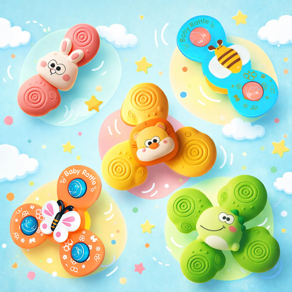 Kit 5 Brinquedo Infantil Chocalho Giratório Spinner Com Ventosa — Games e Brinquedos