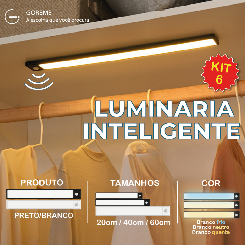 Kit 6 Smart Luminária Inteligente Ultra LED com sensor de movimento — Decoração
