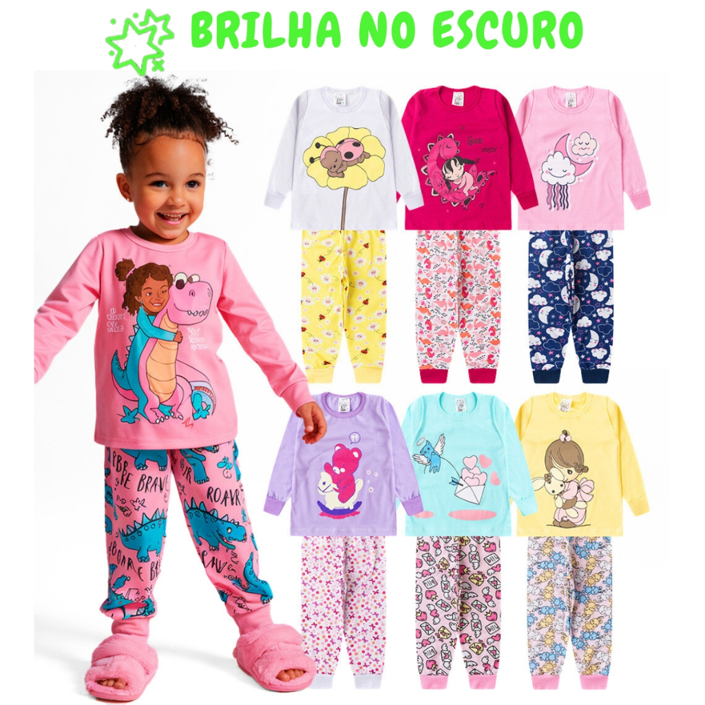 Kit 8 Peças Pijama Brilha no Escuro Infantil Menina Inverno Roupa — Moda Infantil