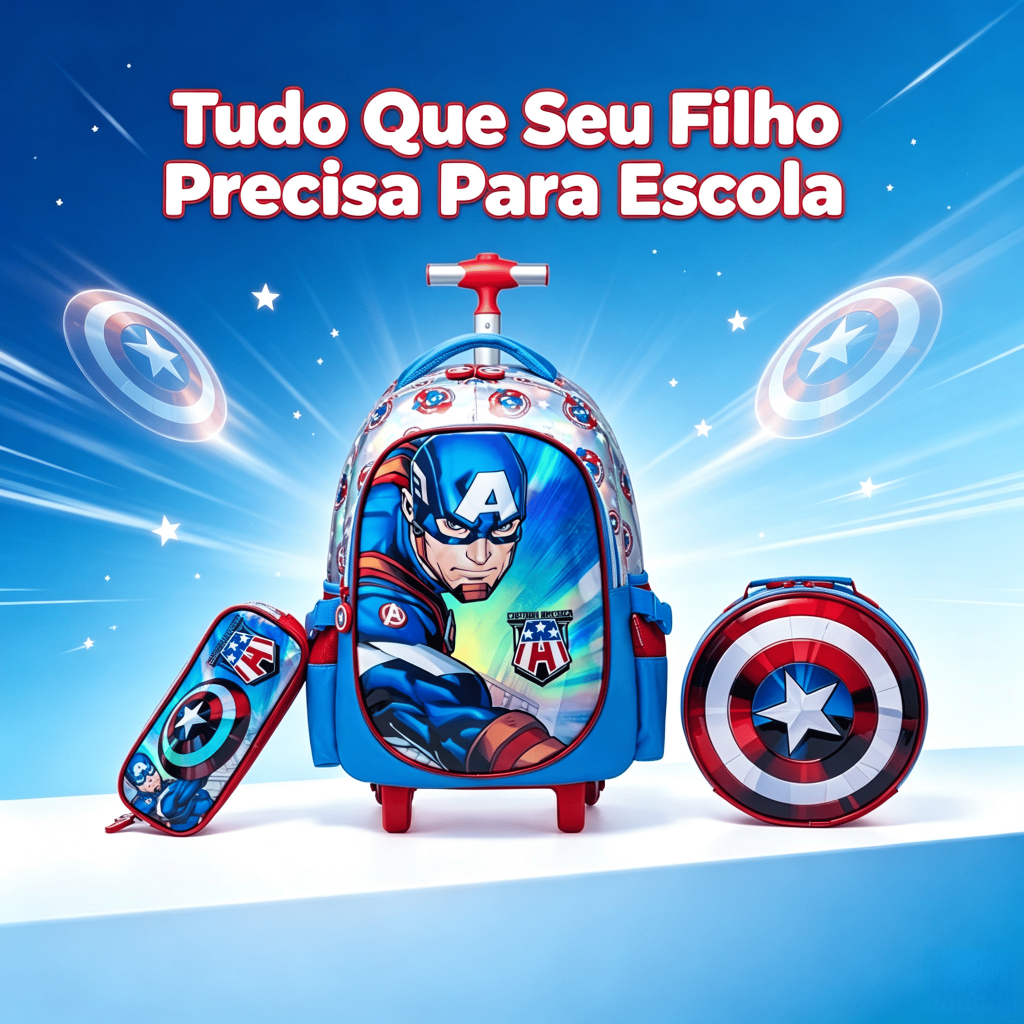 Kit Mochila Rodinhas Capitão América Infantil Escolar Lancheira Estojo — Bolsas e Mochilas