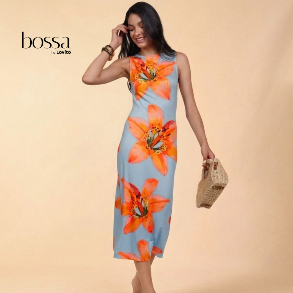 Lovito Bossa Vestido Feminino Decote Nadador Estampado DRB15881618
