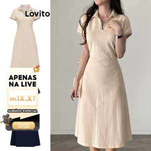 Lovito Casual Vestido Feminino Liso de Amarrar com Costura — Moda Feminina