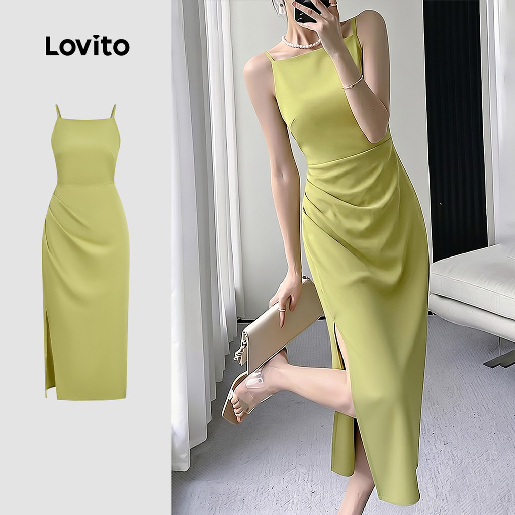 Lovito Vestido Feminino Casual com Pregas e Frente Dividida Verde — Moda Feminina