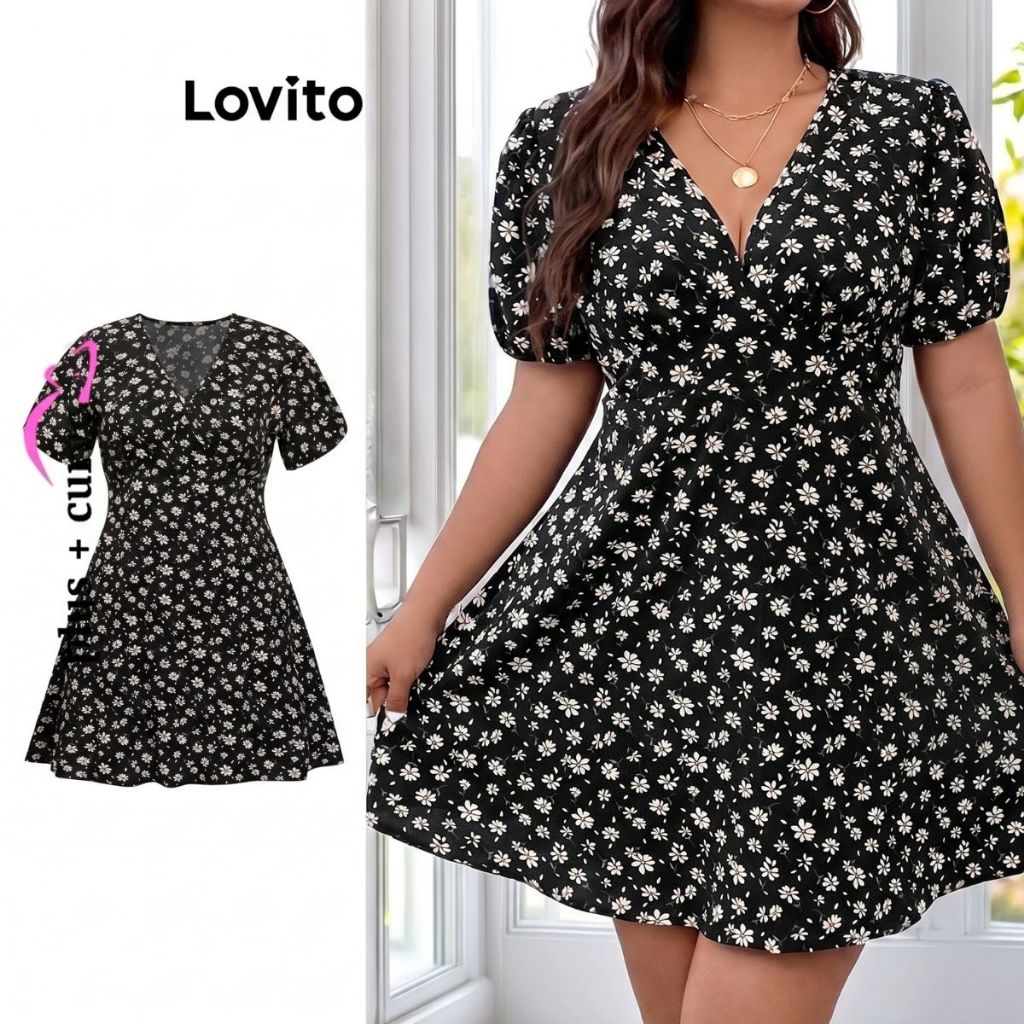 Lovito Vestido Feminino Plus Size Estampa Floral DRB9BR437 — Moda Feminina