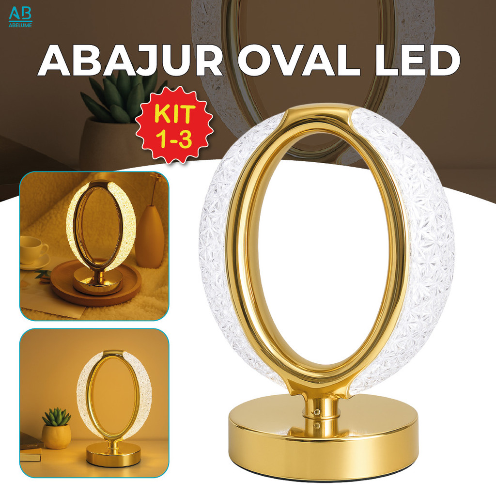 Luminária Abajur Oval de Cristal Luxuoso Dourado Led Moderno 3 Tons — Decoração