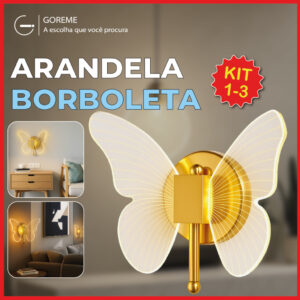 Luminária Arandela Borboleta Dourada LED de Parede 3 Tons de Luz