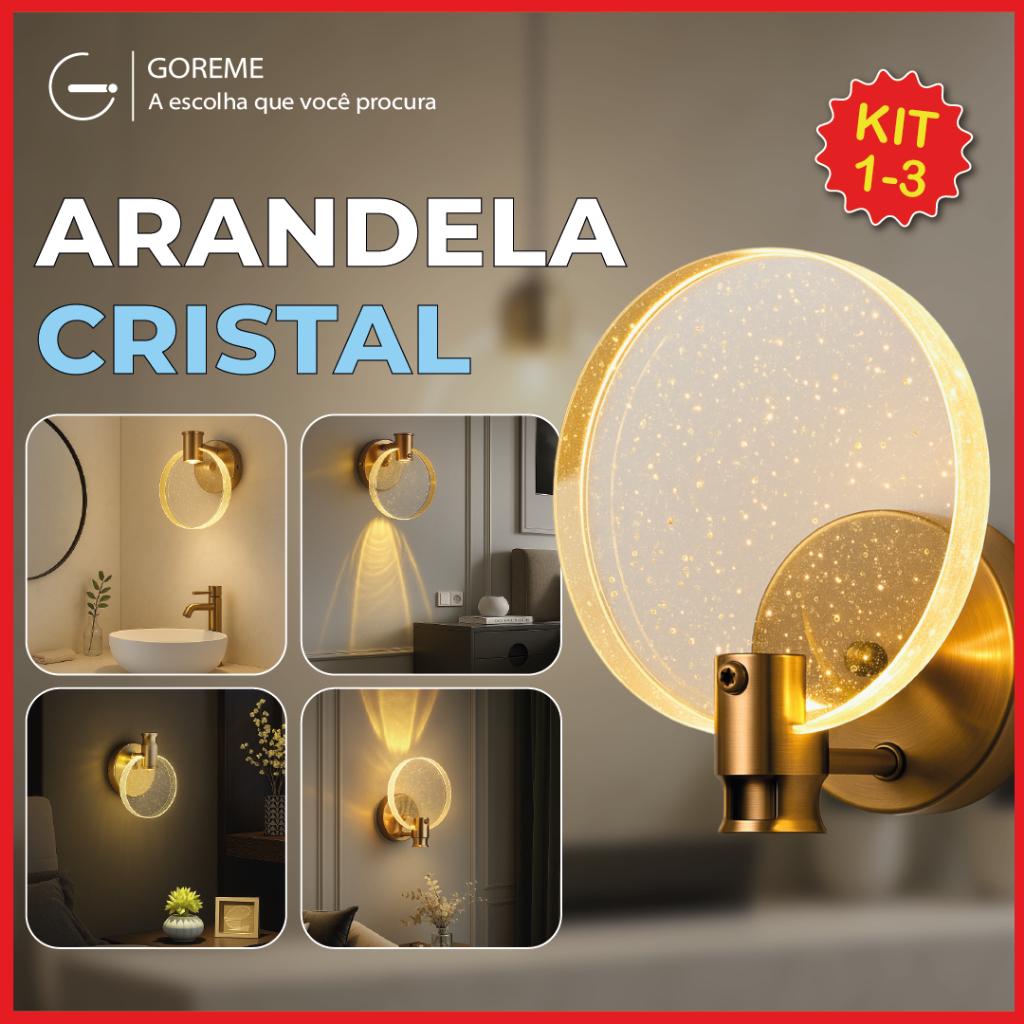 Luminária Arandela Cristal Led Redonda Dourada de Luxo Moderna Luz — Decoração