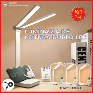 Luminária de Mesa Abajur Led Leitura Dupla 3 Tons de Luz Recarregável