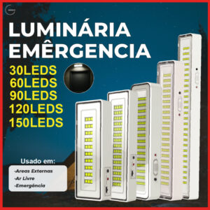 Luminária Emergência Lâmpada 150, 120, 90, 60 ou 30 Leds Recarregável
