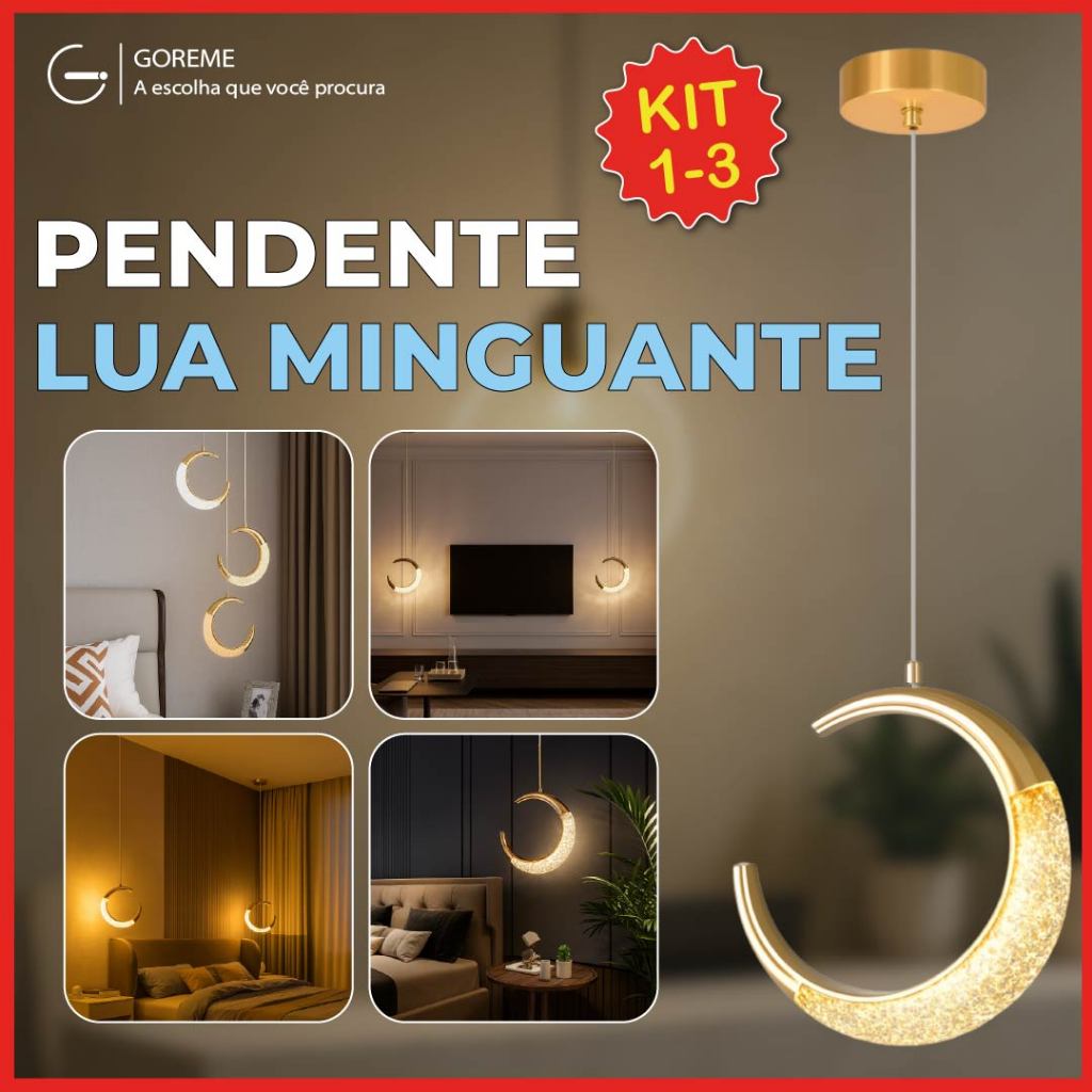 Luminária Lustre Pendente Led Lua Crescente Minguante Dourado Luz — Decoração