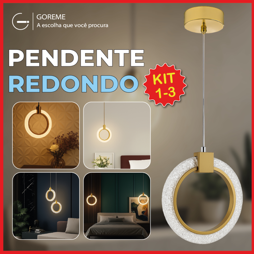 Luminária Pendente Anel Arco Redondo de Cristal Led Dourado Moderno — Decoração