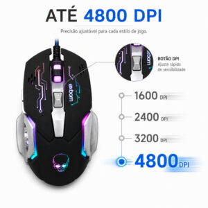 Mouse Gamer Exbom Design Ergonômico LED RGB Plug and Play 4800 DPI 6