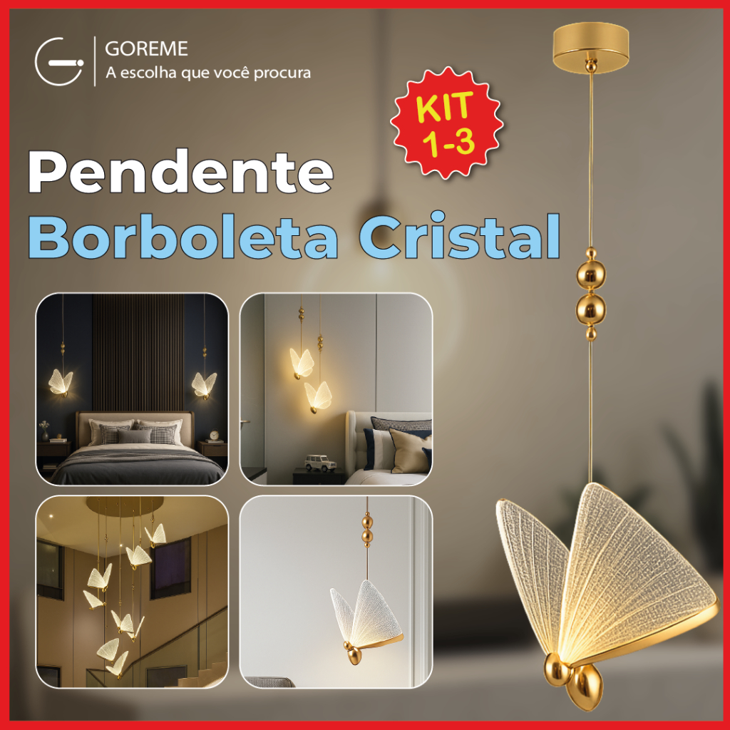 Pendente Luminária Dourada Borboleta Led 3 Cores de Luz Lâmpada de — Decoração