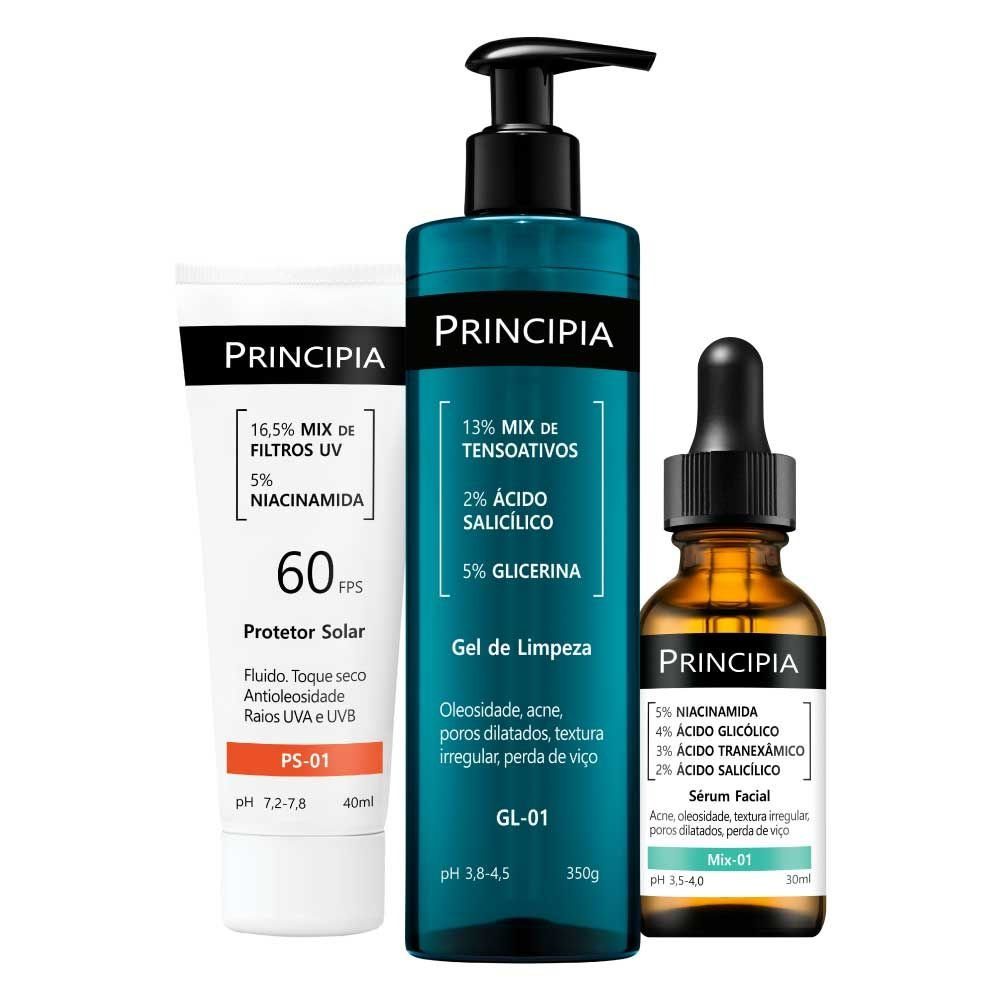 Principia Kit Anti-Acne Trio c Gel de Limpeza Sérum Mix-01 Protetor — Skincare