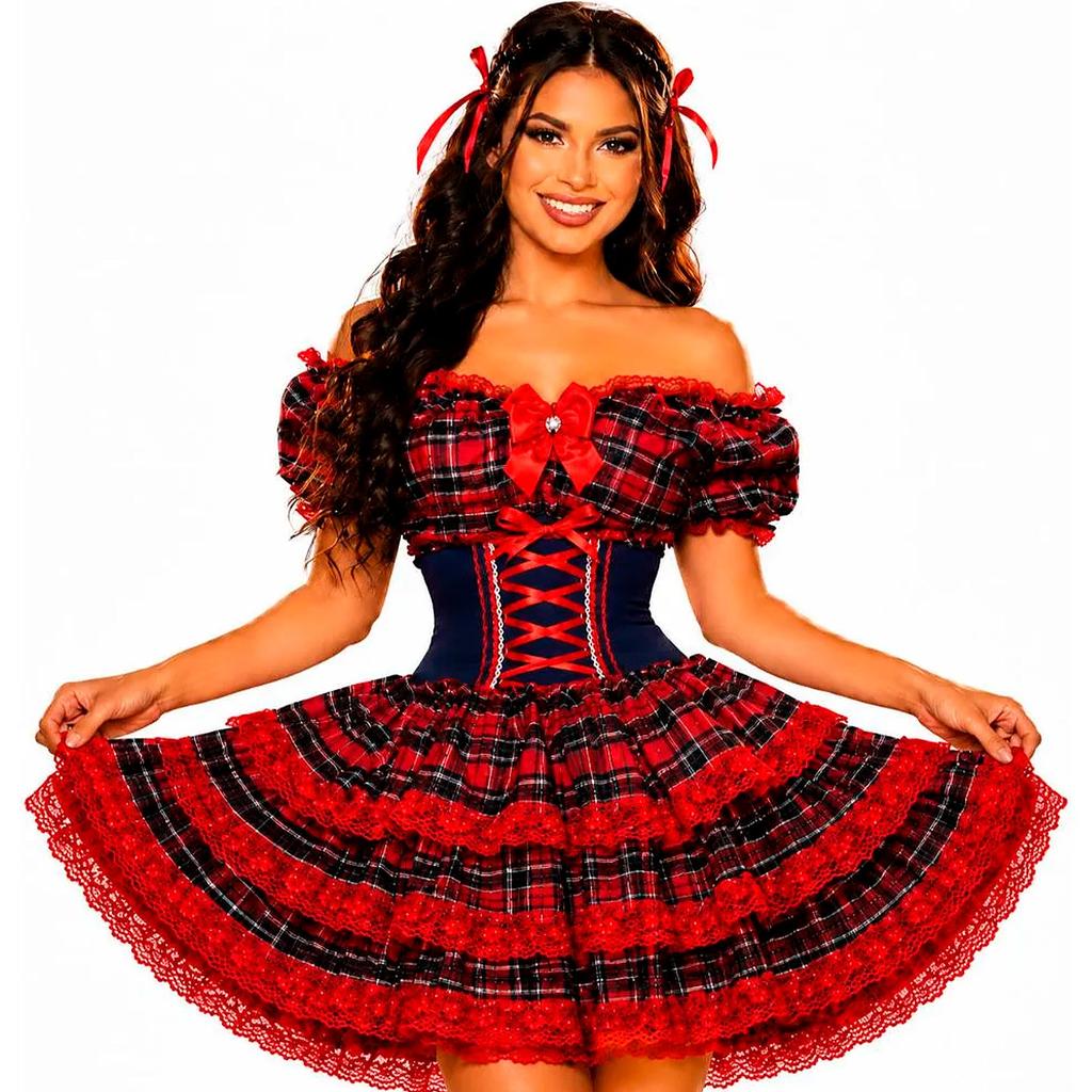 Vestido Feminino de Festa Junina Luxo Xadrez Super Rodado Acinturado