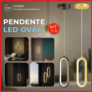1-2 Luminária Pendente Led Oval Dourada e Preta de Luxo Moderna Luz