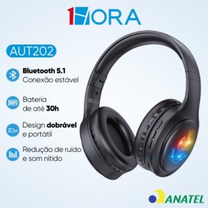 1HORA AUT202 Fone de ouvido Bluetooth 5.1 Sem Fio Headset Design — Áudio e Fones