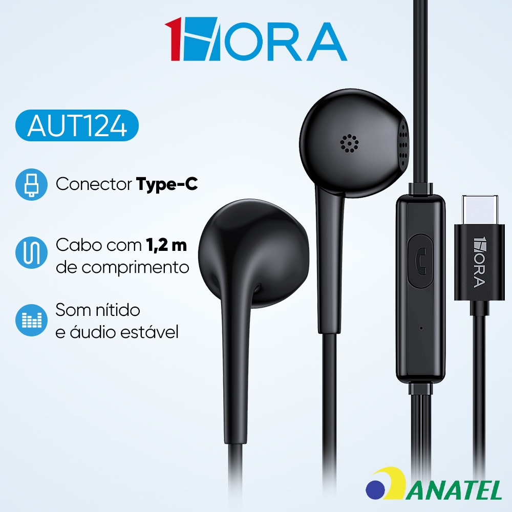 1HORA Fone De Ouvido Intra-auricular Com Fio Aut124 Cabo Tipo C Preto