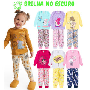 2, 4 ou 8 Peças Pijama Brilha no Escuro Infantil Menina Inverno Roupa