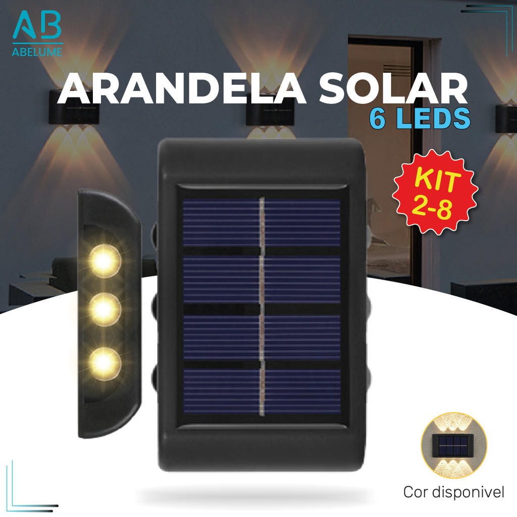 2-8 Luminária Arandela Solar 6 LED Luz Branco Quente para Parede a