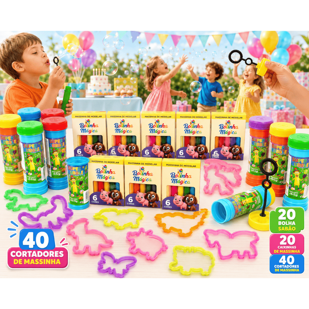 20 Cx Massinha de Modelar 20 Bolha de Sabao 40 Cortador Kit Festa