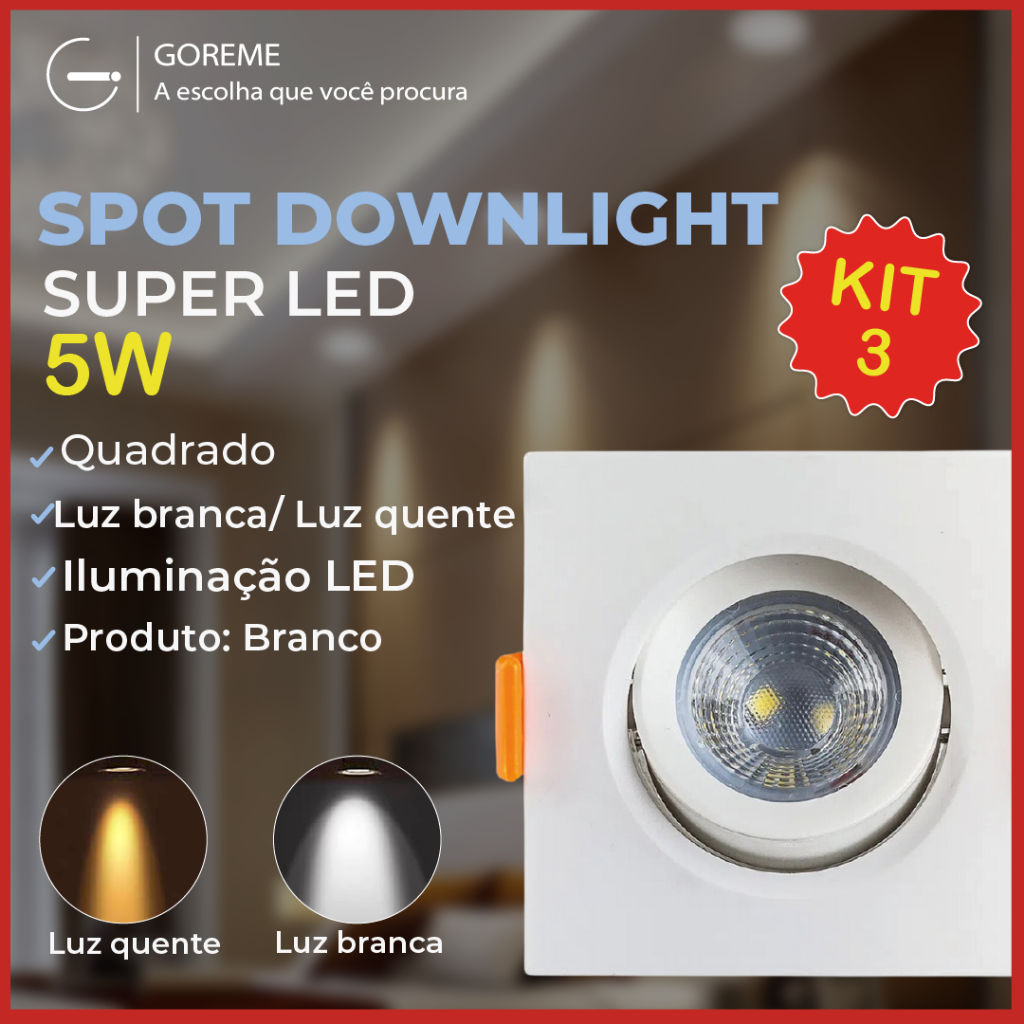 3 Luminária Spot Led Quadrado Direcionável 5W Embutir Gesso Teto Luz — Decoração