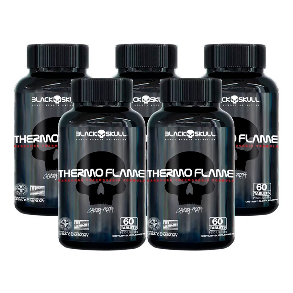 5x Termogênico Thermo Flame 60 Tabletes cada Caveira Preta Black Skull