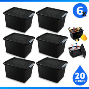 6 Caixas Organizadora Container Preta Com Tampa e Trava 20L Cesto — Organização