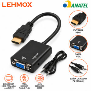 Adaptador Conversor Hdmi Vga Com Áudio P2 Full HD 1080P PC Notebook