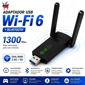 Adaptador Wi-Fi 6 USB Dual Band 5GHz 1300Mbps Bluetooth 5.4 Duas