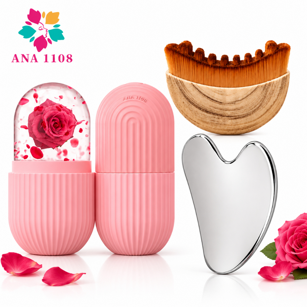 ANA1108 Kit Spa 3 Em 1 Gua Sha Inox Forma de Gelo Facial Escova