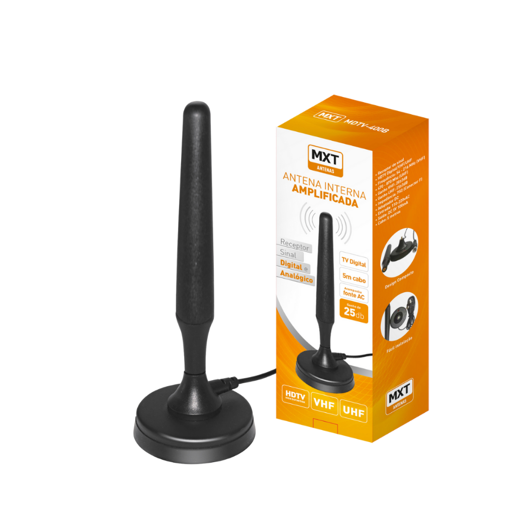 Antena Digital Interna Mxt Vhf Uhf 20dB 25dB Cabo 5m Bivolt Conector F — TV e Vídeo