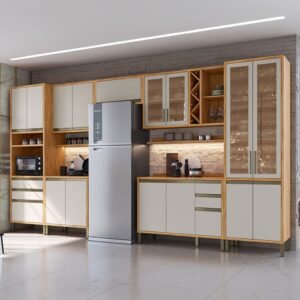 Armário Cozinha Balcão 16 Portas Pérola Prateleiras 100% Mdf Vidro