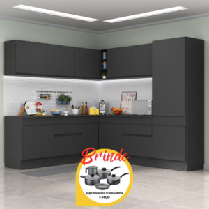 Armário Cozinha Completa Canto Veneza Multimóveis Preto Brinde Jogo