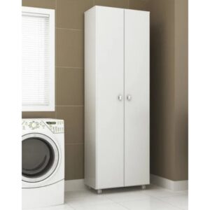 Armário Multiuso 2 Portas 4 Prateleiras com Rodízios 60cm Branco