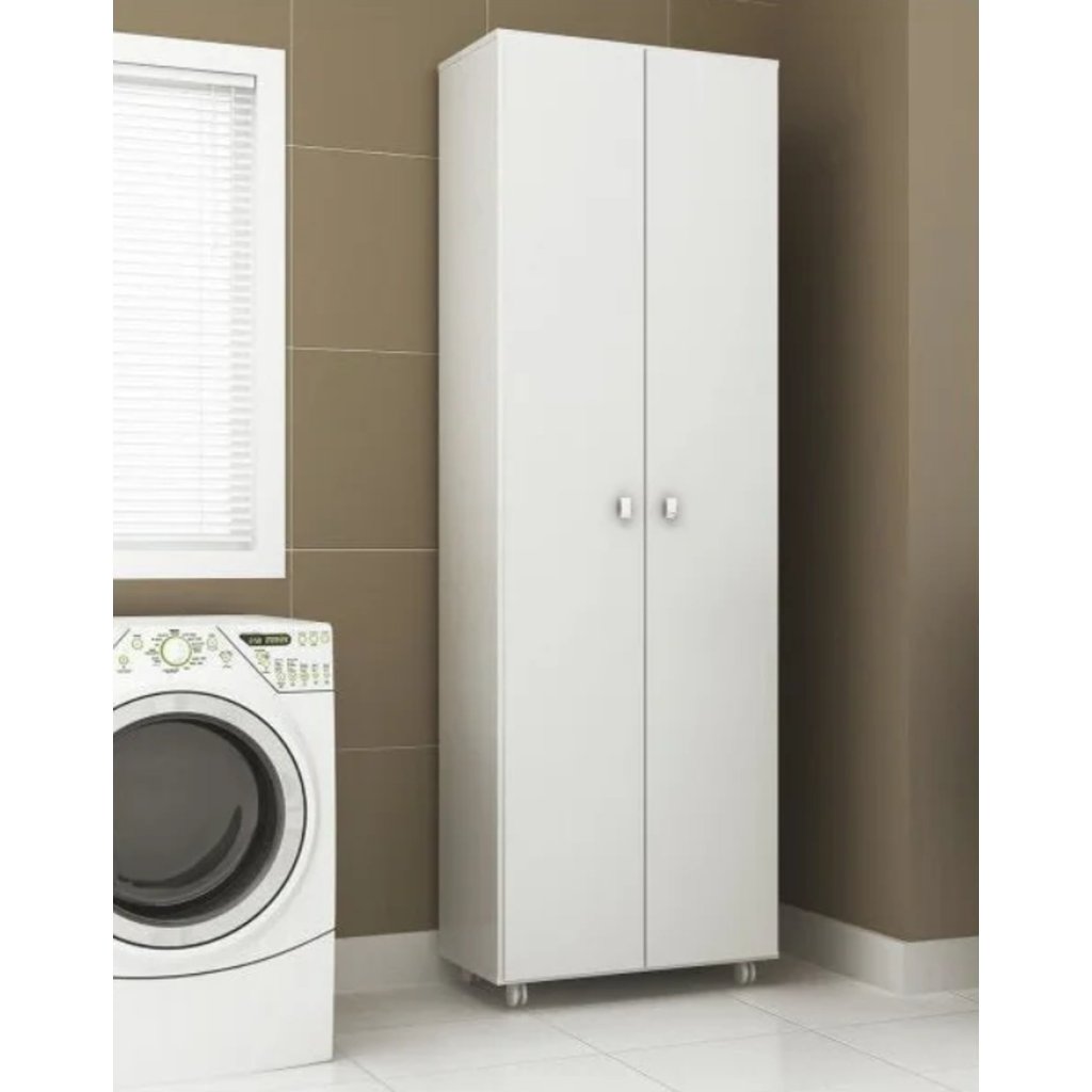 Armário Multiuso 2 Portas 4 Prateleiras com Rodízios 60cm Branco