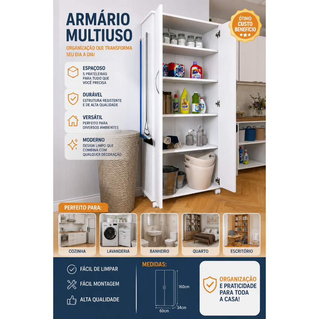 Armário Organizador Multiuso Area De Serviço 2 Pts C Rodinha Branco