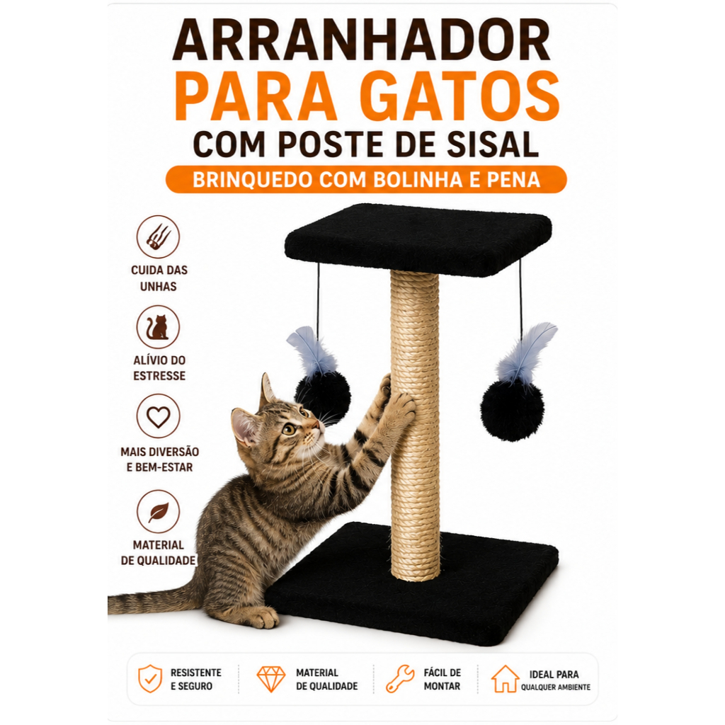 Arranhador Para Gatos Com Poste De Sisal Base Dupla Brinquedo Bolinha