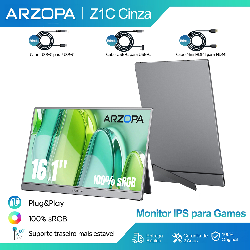 Arzopa Z1C Cinza-Monitor Portátil Com Suporte 100 sRGB De 16.1 1080P