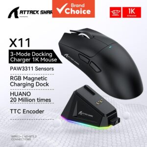 Attack Shark X11 Mouse Leve, Gamer, Sensor PAW3311, 3 Modos Sem Fio