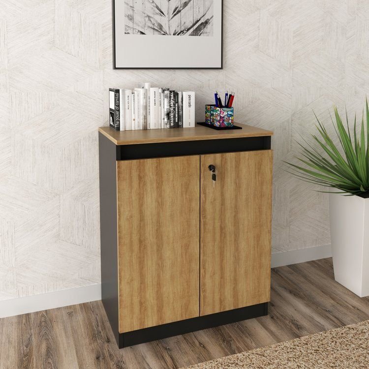 Balcão para Escritório 60cm com 1 Prateleira 2 Portas e Chave Marrom